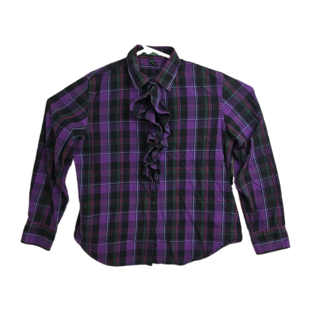 Lauren Ralph Lauren Button-Up Shirt Women's XL Purple Plaid Ruffles Long Sleeves